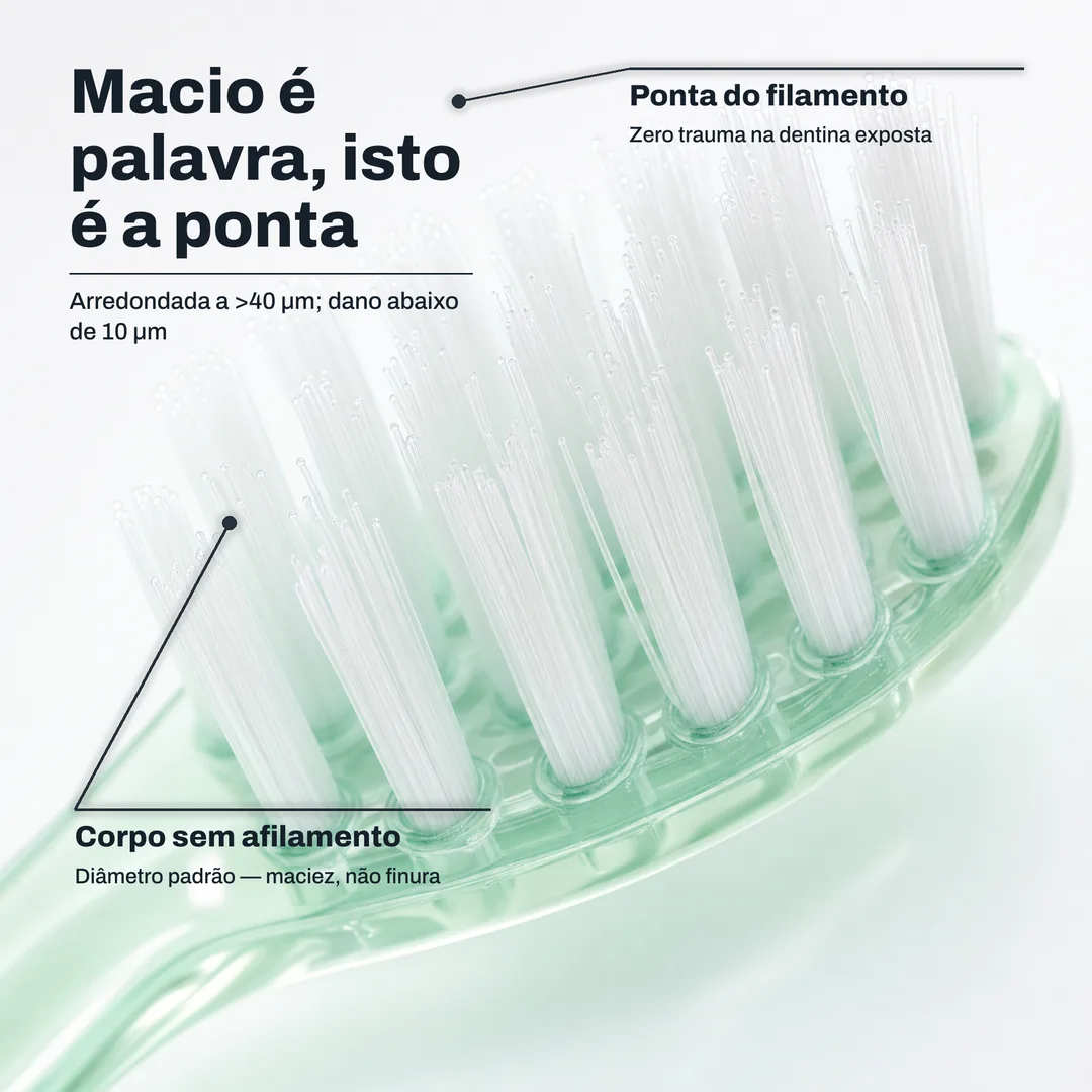 Macio é palavra, isto é a ponta — Arredondada a >40 μm; dano abaixo de 10 μm · Ponta do filamento: Zero trauma na dentina exposta · Corpo sem afilamento: Diâmetro padrão — maciez, não finura