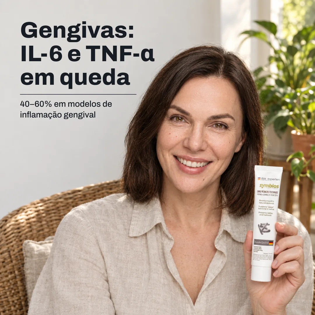 Gengivas: IL-6 e TNF-α em queda — 40–60% em modelos de inflamação gengival