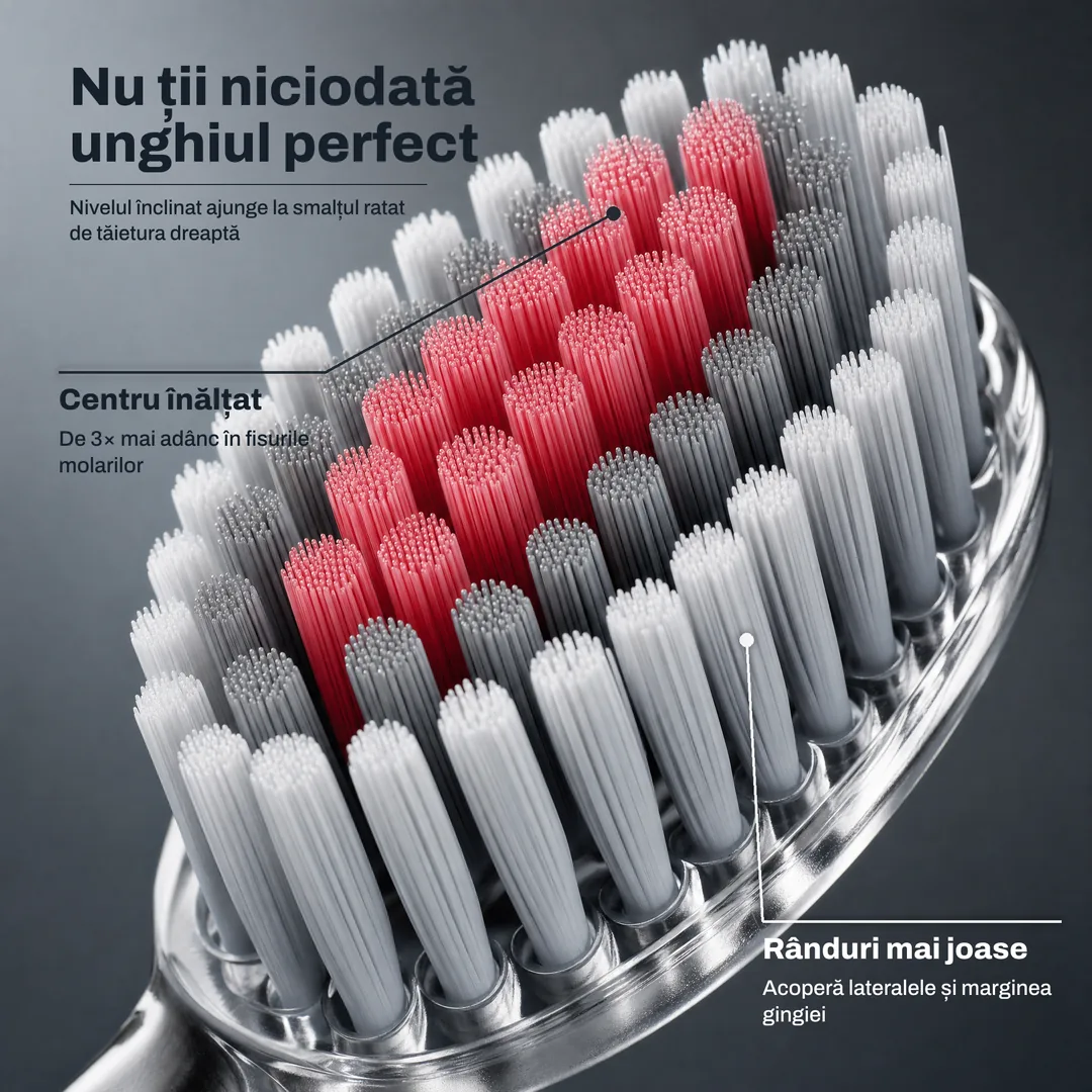 Nu ții niciodată unghiul perfect — Nivelul înclinat ajunge la smalțul ratat de tăietura dreaptă · Centru înălțat: De 3× mai adânc în fisurile molarilor · Rânduri mai joase: Acoperă lateralele și marginea gingiei