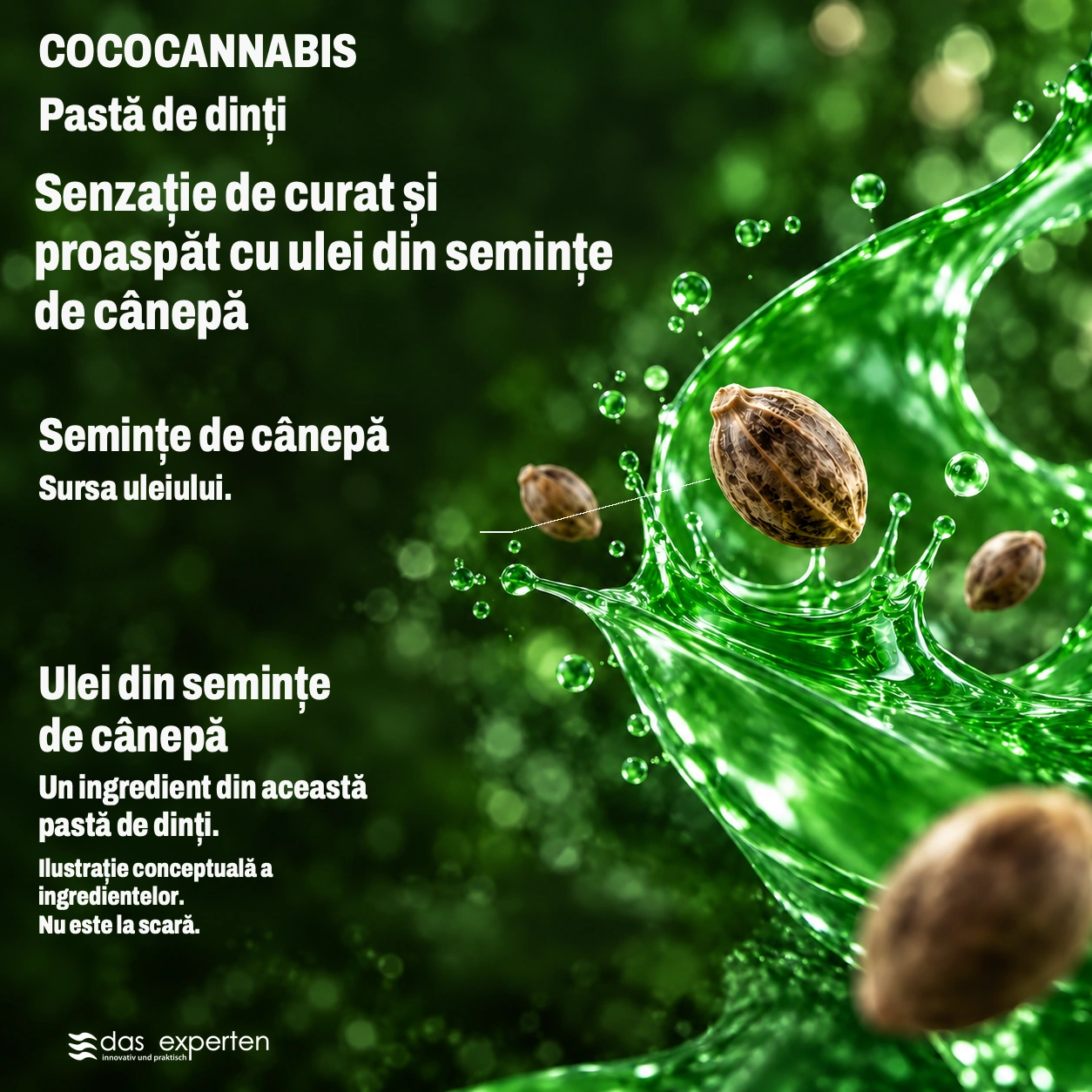 COCOCANNABIS · Senzație de curat și proaspăt · cu ulei din semințe de cânepă · Ilustrație conceptuală a ingredientelor. · Nu este la scară.