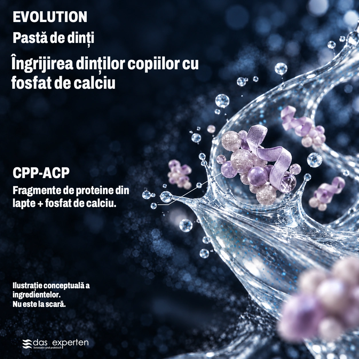 EVOLUTION · Îngrijirea dinților copiilor · cu fosfat de calciu · Ilustrație conceptuală a ingredientelor. · Nu este la scară.