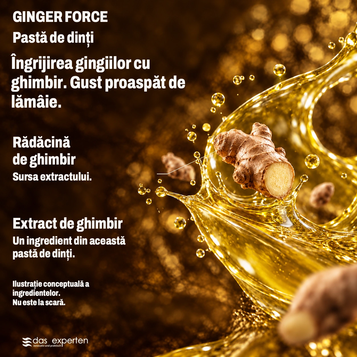GINGER FORCE · Îngrijirea gingiilor cu ghimbir. · Gust proaspăt de lămâie. · Ilustrație conceptuală a ingredientelor. · Nu este la scară.