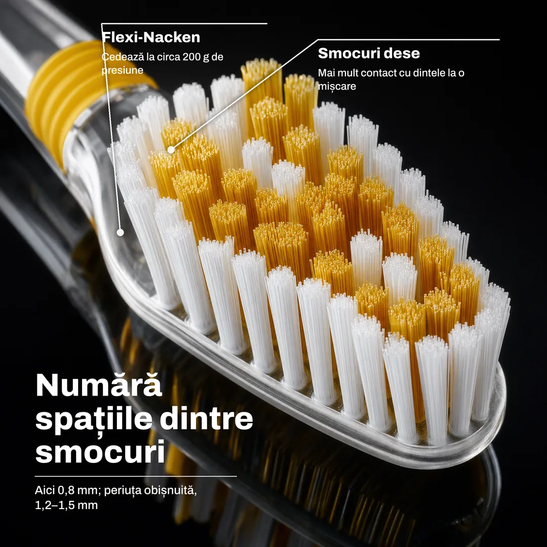 Numără spațiile dintre smocuri — Aici 0,8 mm; periuța obișnuită, 1,2–1,5 mm · Smocuri dese: Mai mult contact cu dintele la o mișcare · Flexi-Nacken: Cedează la circa 200 g de presiune