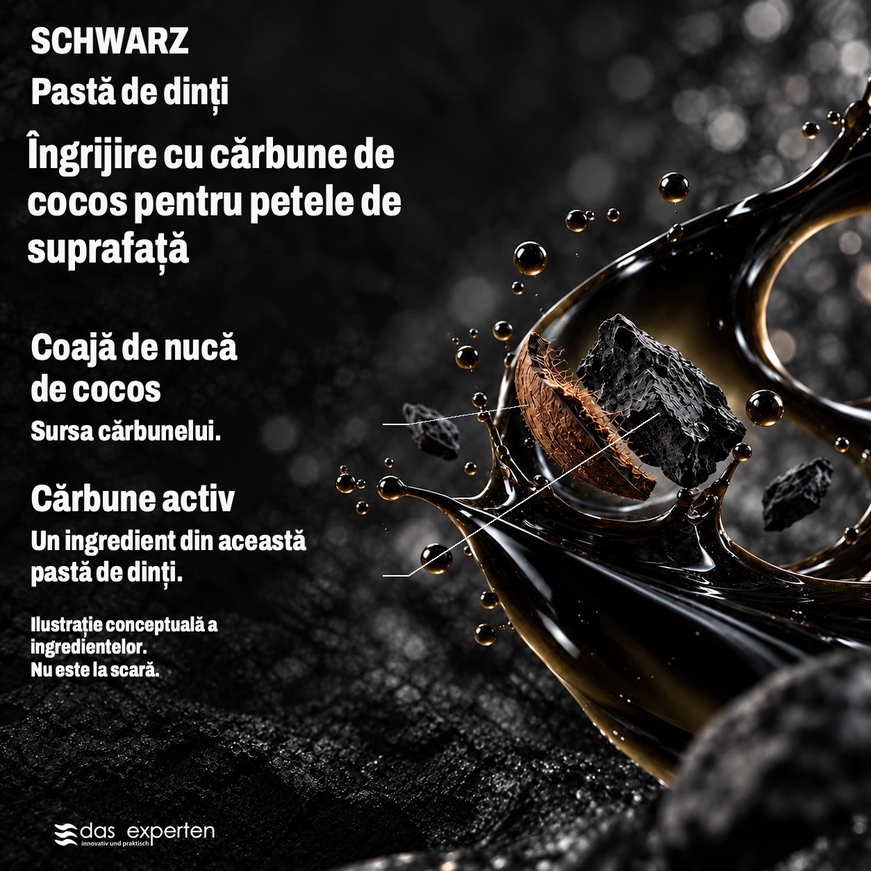 SCHWARZ · Îngrijire cu cărbune de cocos · pentru petele de suprafață · Ilustrație conceptuală a ingredientelor. · Nu este la scară.