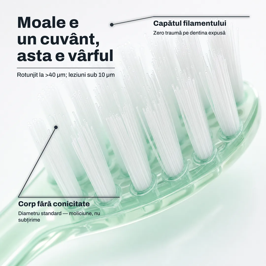 Moale e un cuvânt, asta e vârful — Rotunjit la >40 μm; leziuni sub 10 μm · Capătul filamentului: Zero traumă pe dentina expusă · Corp fără conicitate: Diametru standard — moliciune, nu subțirime