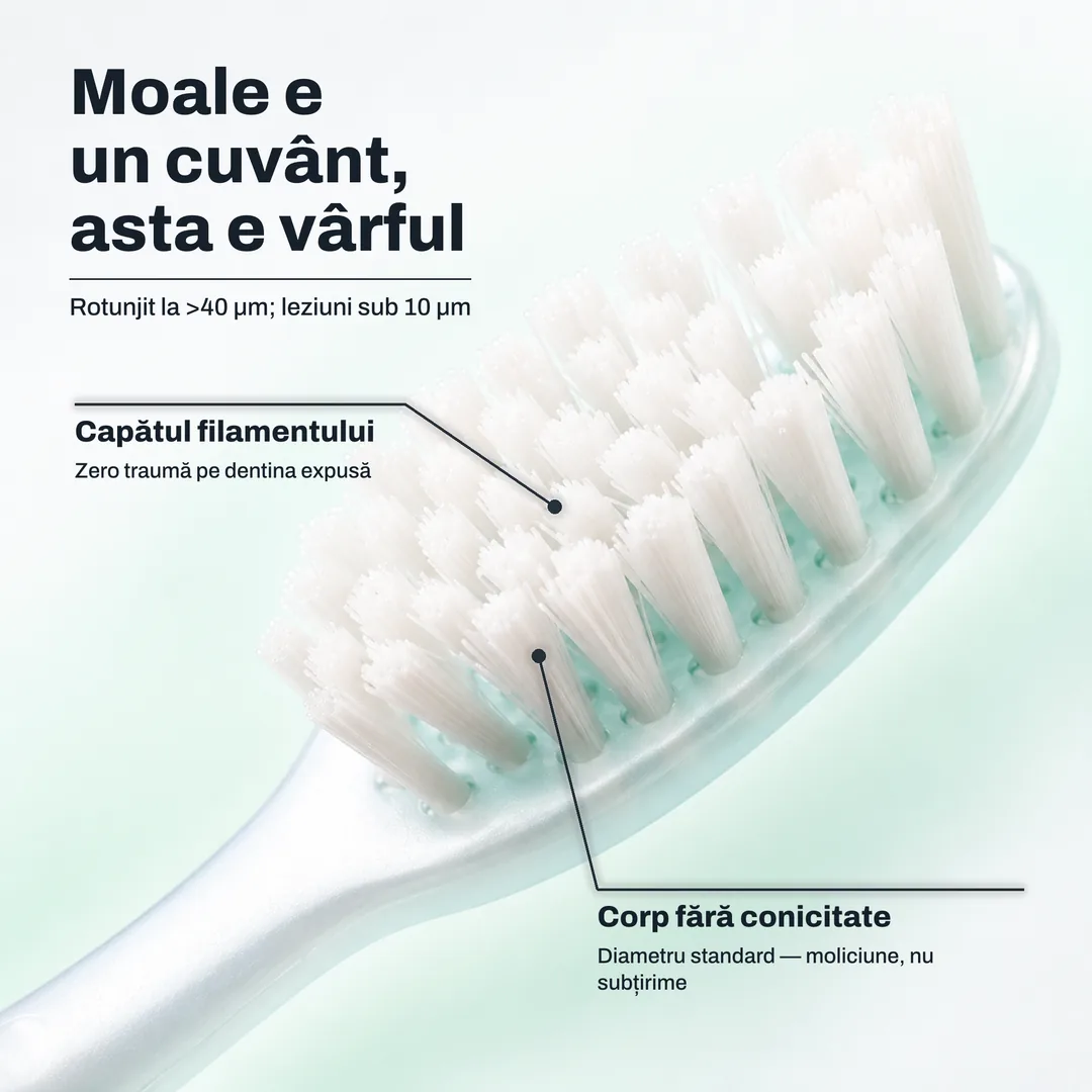 Moale e un cuvânt, asta e vârful — Rotunjit la >40 μm; leziuni sub 10 μm · Capătul filamentului: Zero traumă pe dentina expusă · Corp fără conicitate: Diametru standard — moliciune, nu subțirime