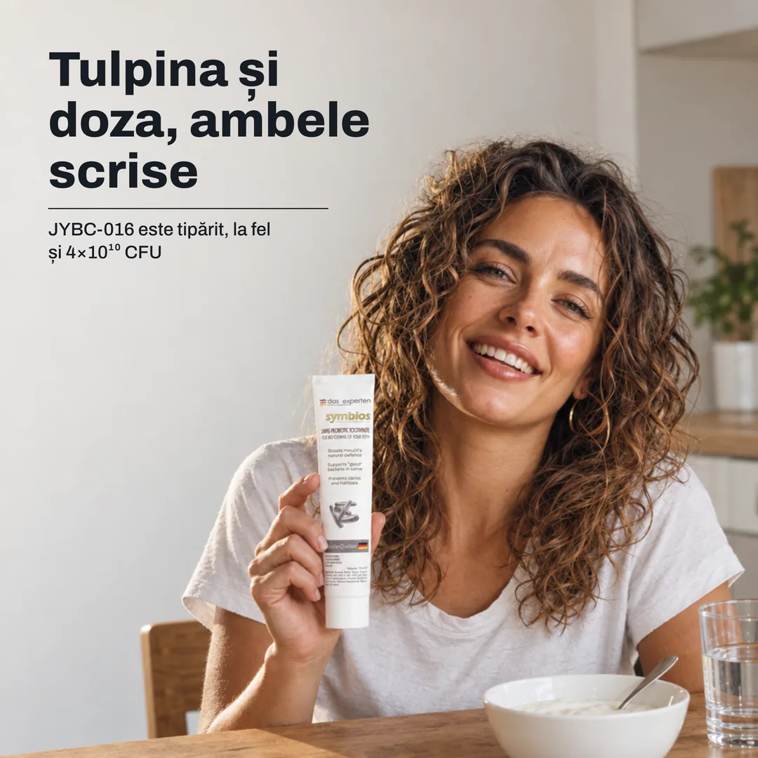 Tulpina și doza, ambele scrise — JYBC-016 este tipărit, la fel și 4×10¹⁰ CFU