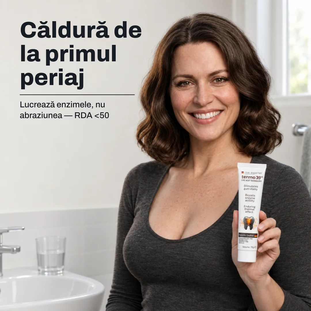 Căldură de la primul periaj — Lucrează enzimele, nu abraziunea — RDA <50