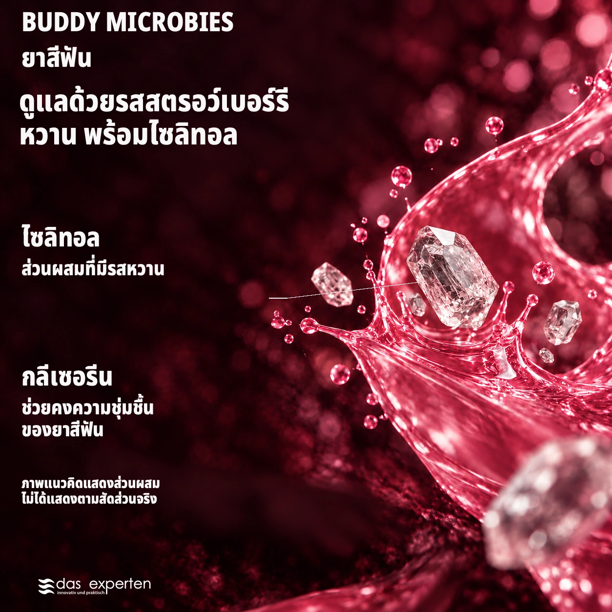 BUDDY MICROBIES · ดูแลด้วยรสสตรอว์เบอร์รีหวาน · พร้อมไซลิทอล · ภาพแนวคิดแสดงส่วนผสม · ไม่ได้แสดงตามสัดส่วนจริง