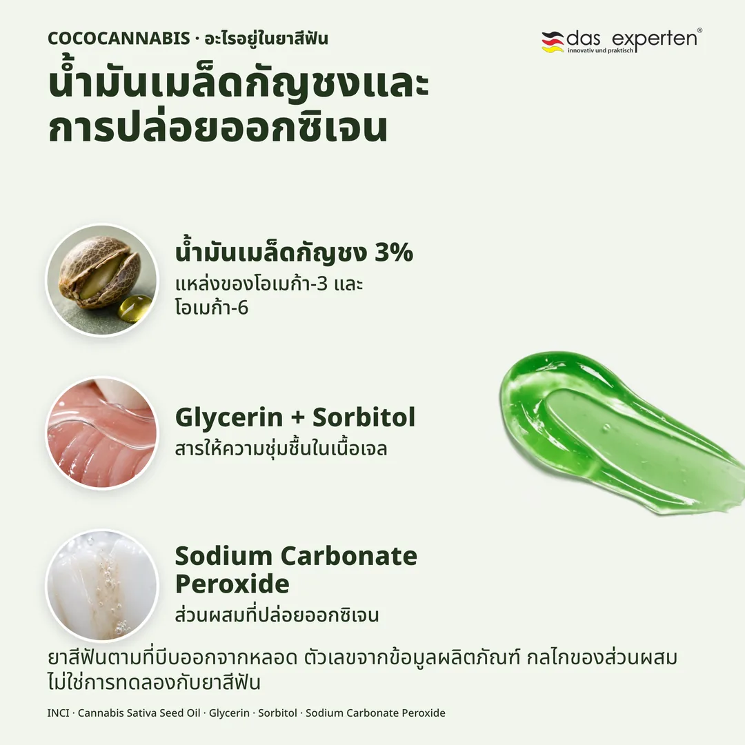 COCOCANNABIS · อะไรอยู่ในยาสีฟัน — น้ำมันเมล็ดกัญชงและการปล่อยออกซิเจน; น้ำมันเมล็ดกัญชง 3%; Glycerin + Sorbitol; Sodium Carbonate Peroxide