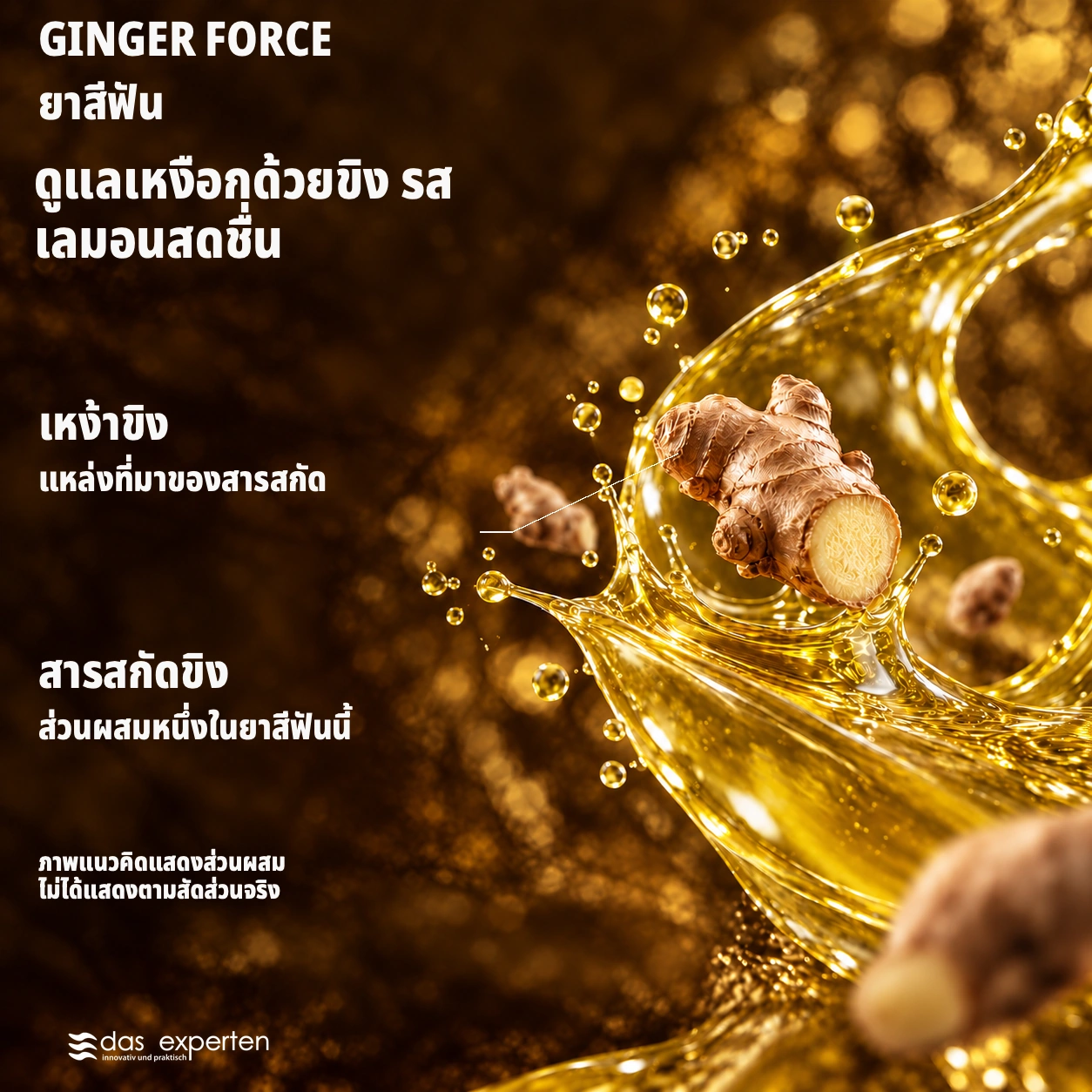 GINGER FORCE · ดูแลเหงือกด้วยขิง · รสเลมอนสดชื่น · ภาพแนวคิดแสดงส่วนผสม · ไม่ได้แสดงตามสัดส่วนจริง