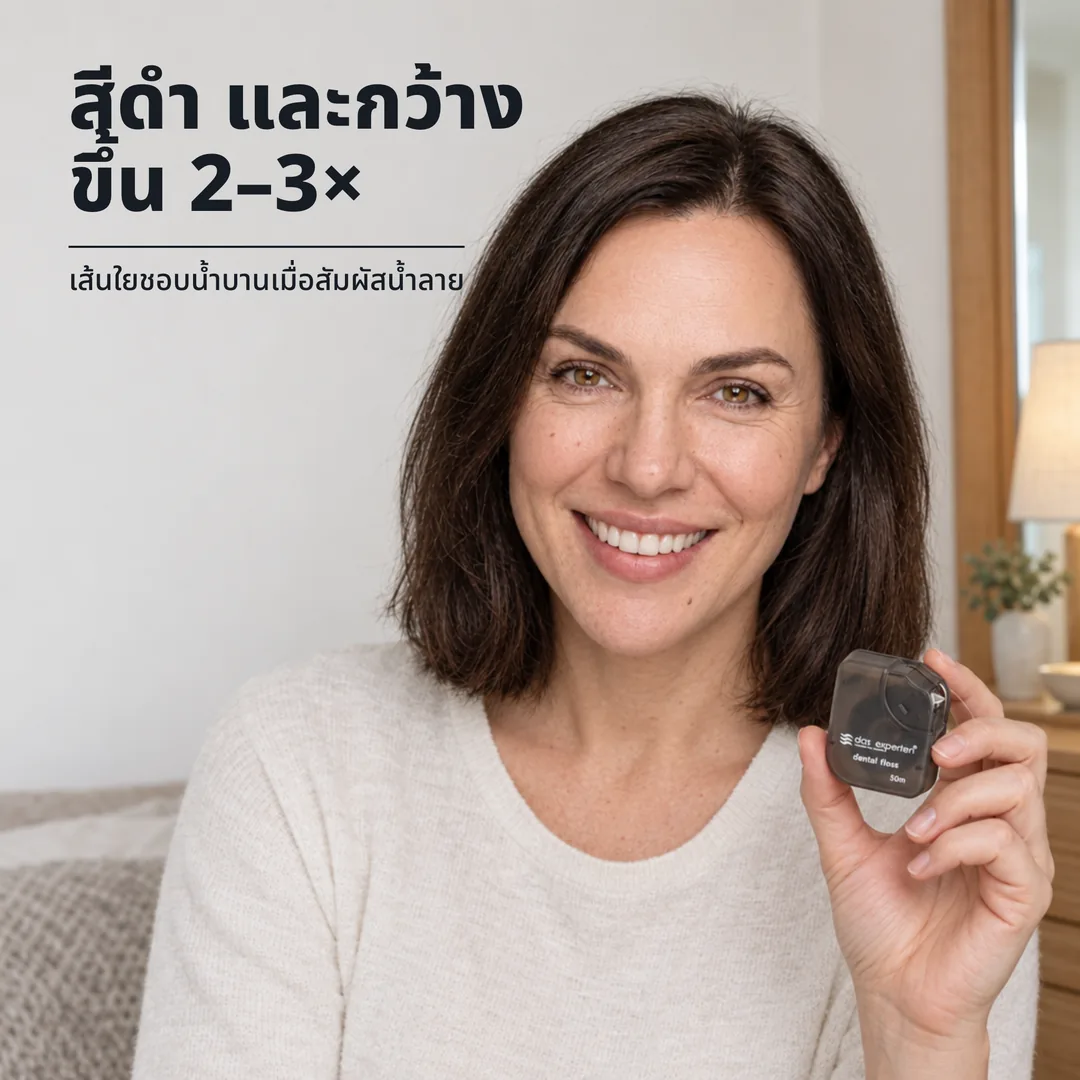 สีดำ และกว้างขึ้น 2–3× — เส้นใยชอบน้ำบานเมื่อสัมผัสน้ำลาย