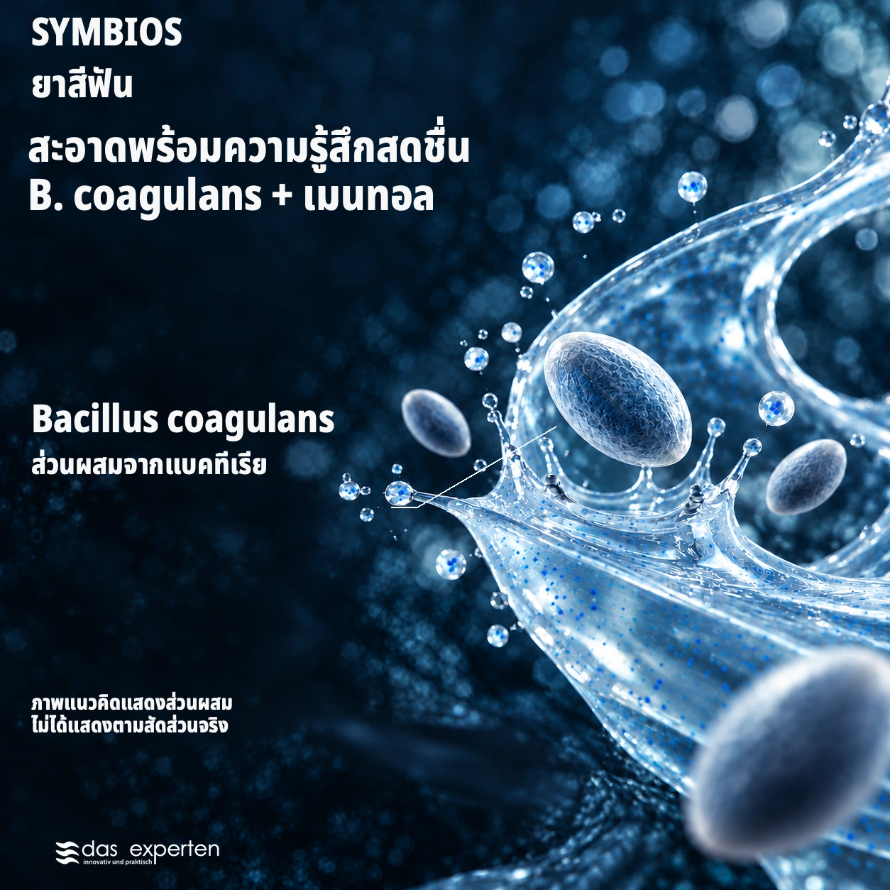 SYMBIOS · สะอาดพร้อมความรู้สึกสดชื่น · B. coagulans + เมนทอล · ภาพแนวคิดแสดงส่วนผสม · ไม่ได้แสดงตามสัดส่วนจริง