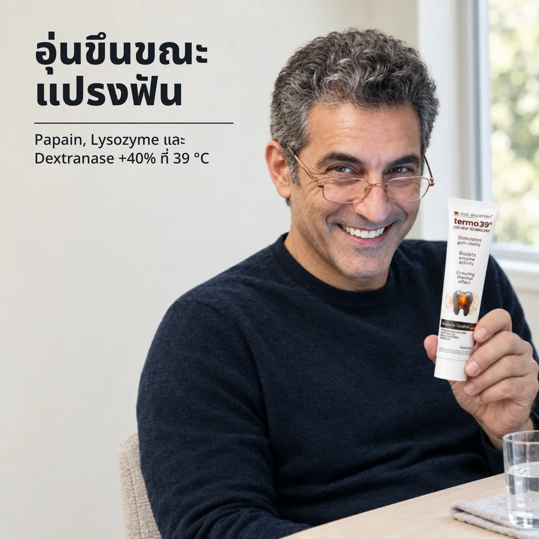 อุ่นขึ้นขณะแปรงฟัน — Papain, Lysozyme และ Dextranase +40% ที่ 39 °C