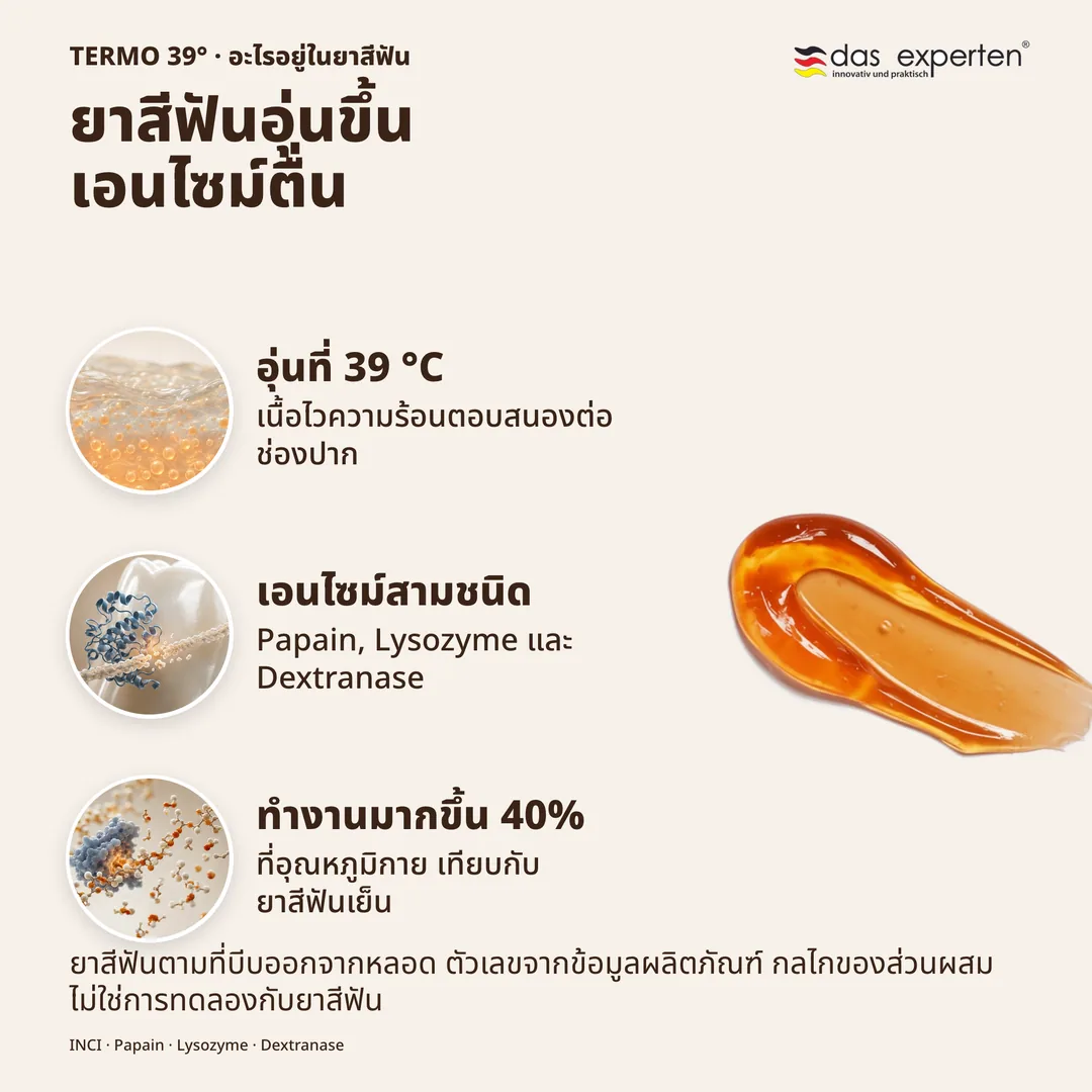 ยาสีฟันอุ่นขึ้น เอนไซม์ตื่น — อุ่นที่ 39 °C; เอนไซม์สามชนิด; ทำงานมากขึ้น 40%