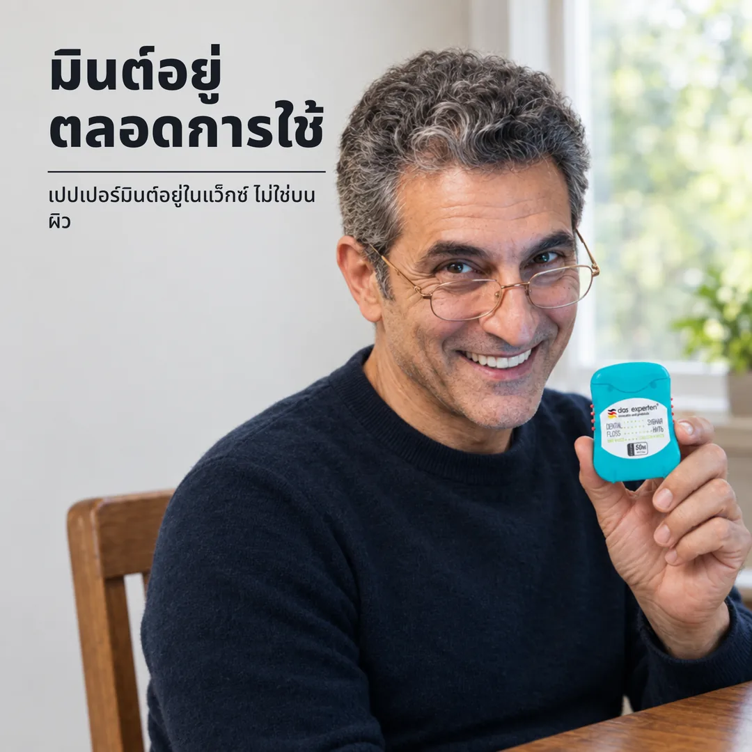 มินต์อยู่ตลอดการใช้ — เปปเปอร์มินต์อยู่ในแว็กซ์ ไม่ใช่บนผิว