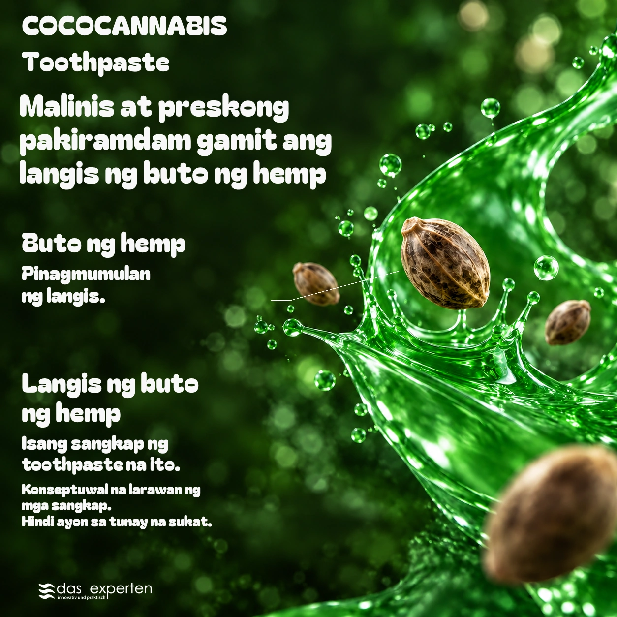 COCOCANNABIS · Malinis at preskong pakiramdam · gamit ang langis ng buto ng hemp · Konseptuwal na larawan ng mga sangkap. · Hindi ayon sa tunay na sukat.