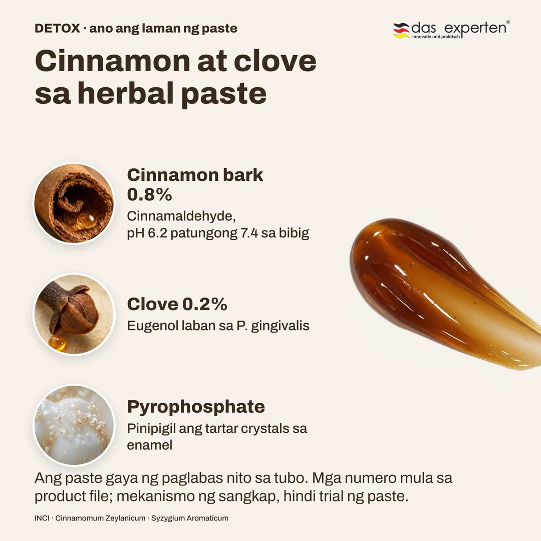Cinnamon at clove sa herbal paste — Cinnamon bark 0.8%; Clove 0.2%; Pyrophosphate