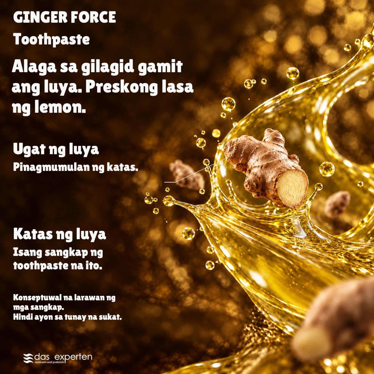 GINGER FORCE · Alaga sa gilagid gamit ang luya. · Preskong lasa ng lemon. · Konseptuwal na larawan ng mga sangkap. · Hindi ayon sa tunay na sukat.
