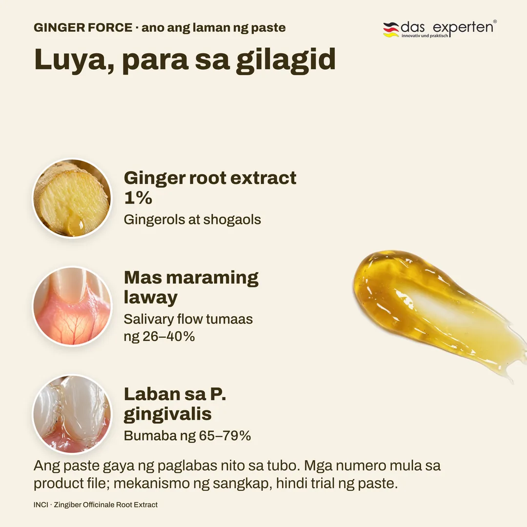 Luya, para sa gilagid — Ginger root extract 1%; Mas maraming laway; Laban sa P. gingivalis