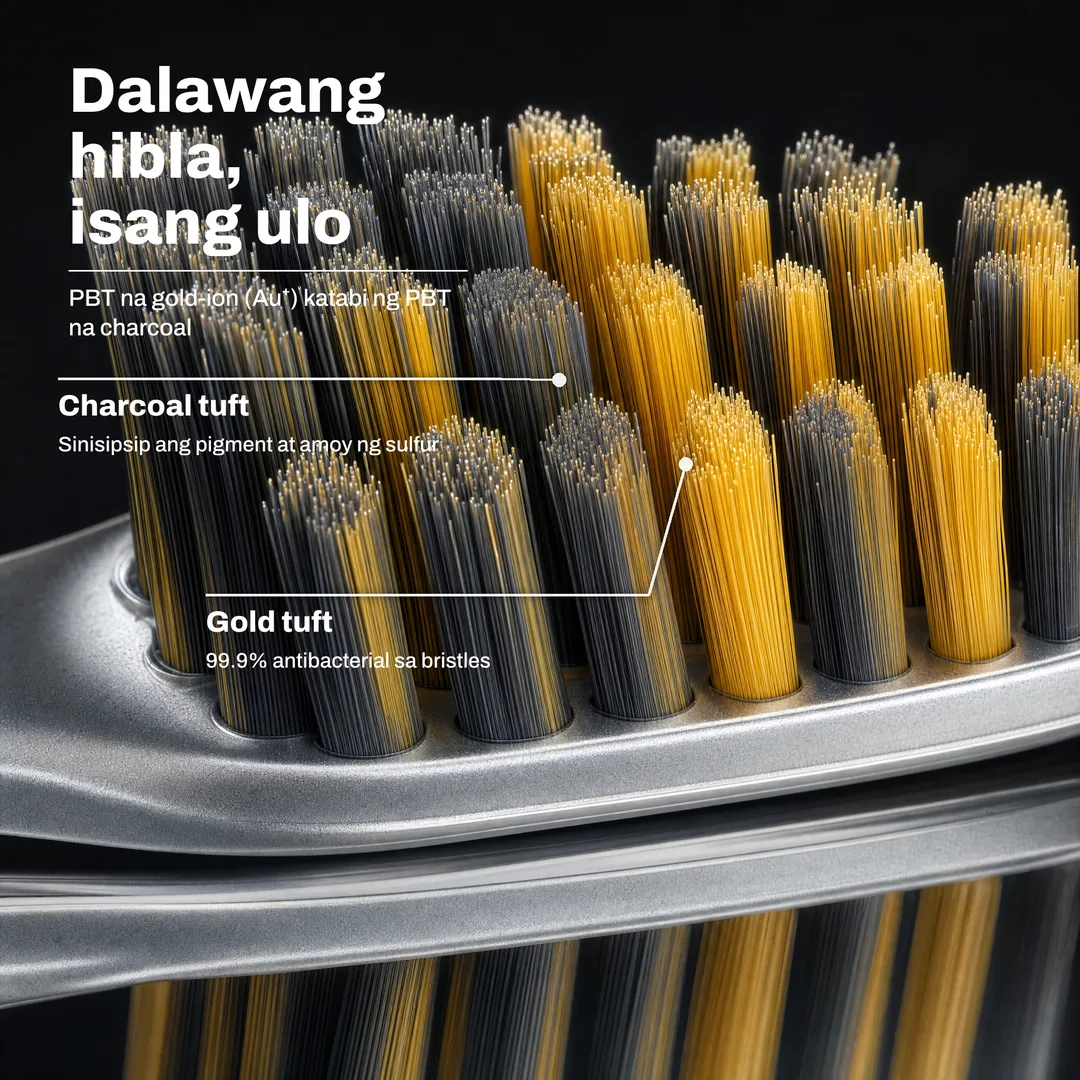 Dalawang hibla, isang ulo — PBT na gold-ion (Au⁺) katabi ng PBT na charcoal · Gold tuft: 99.9% antibacterial sa bristles · Charcoal tuft: Sinisipsip ang pigment at amoy ng sulfur