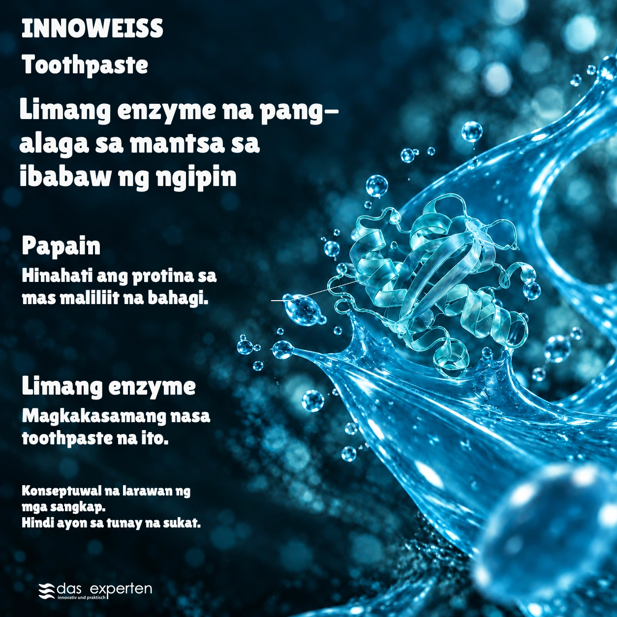 INNOWEISS · Limang enzyme na pang-alaga · sa mantsa sa ibabaw ng ngipin · Konseptuwal na larawan ng mga sangkap. · Hindi ayon sa tunay na sukat.