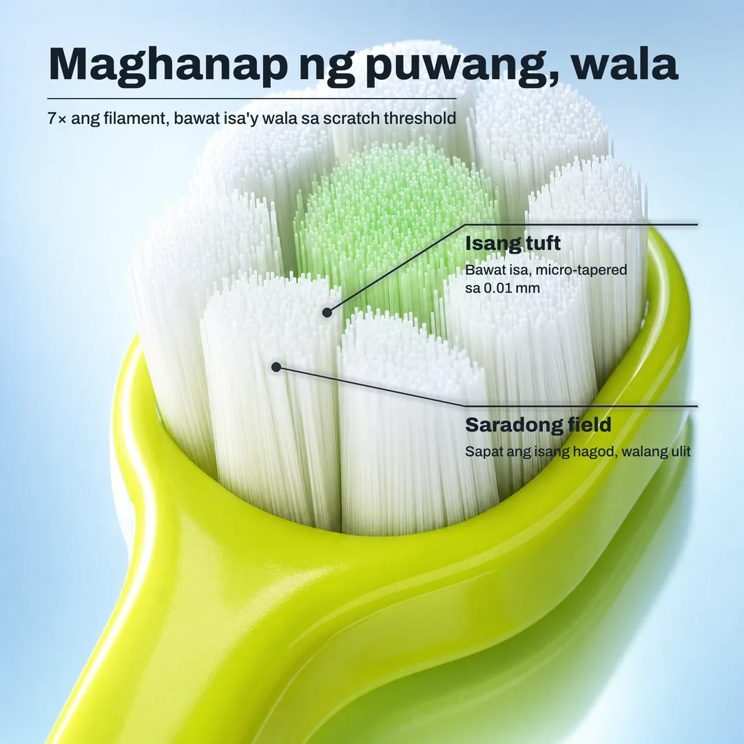 Maghanap ng puwang, wala — 7× ang filament, bawat isa'y wala sa scratch threshold · Isang tuft: Bawat isa, micro-tapered sa 0.01 mm · Saradong field: Sapat ang isang hagod, walang ulit