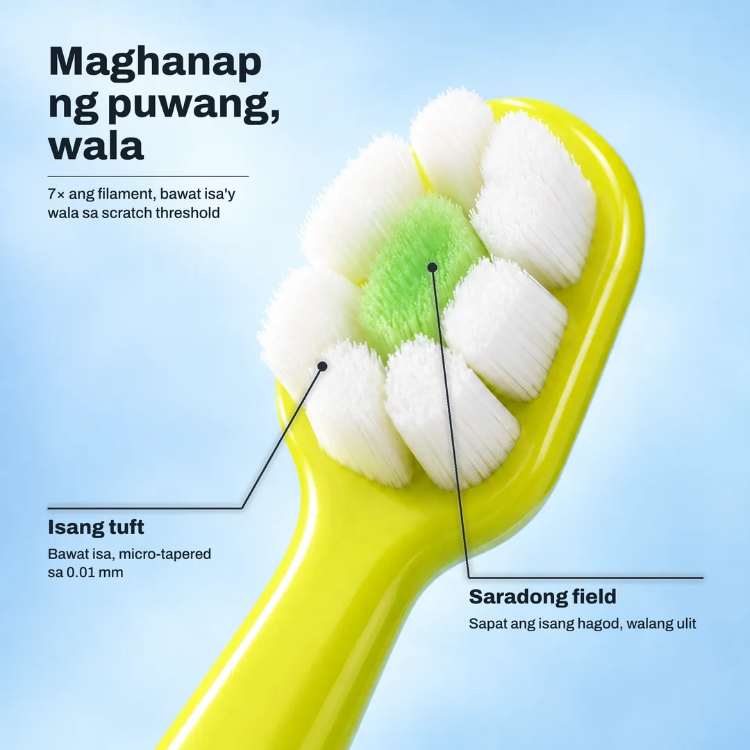 Maghanap ng puwang, wala — 7× ang filament, bawat isa'y wala sa scratch threshold · Isang tuft: Bawat isa, micro-tapered sa 0.01 mm · Saradong field: Sapat ang isang hagod, walang ulit
