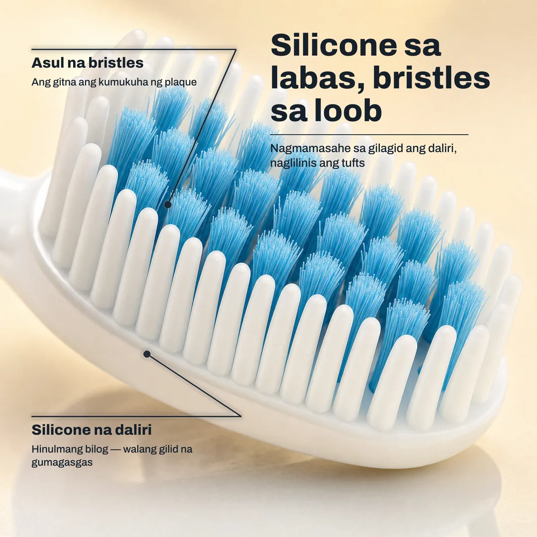 Silicone sa labas, bristles sa loob — Nagmamasahe sa gilagid ang daliri, naglilinis ang tufts · Silicone na daliri: Hinulmang bilog — walang gilid na gumagasgas · Asul na bristles: Ang gitna ang kumukuha ng plaque