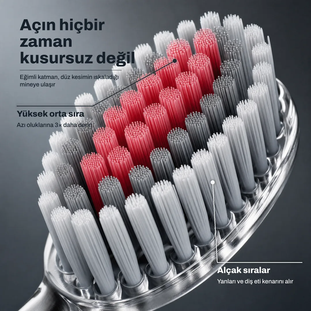 Açın hiçbir zaman kusursuz değil — Eğimli katman, düz kesimin ıskaladığı mineye ulaşır · Yüksek orta sıra: Azı oluklarına 3× daha derin · Alçak sıralar: Yanları ve diş eti kenarını alır
