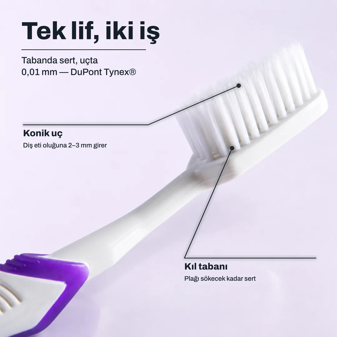 Tek lif, iki iş — Tabanda sert, uçta 0,01 mm — DuPont Tynex® · Konik uç: Diş eti oluğuna 2–3 mm girer · Kıl tabanı: Plağı sökecek kadar sert