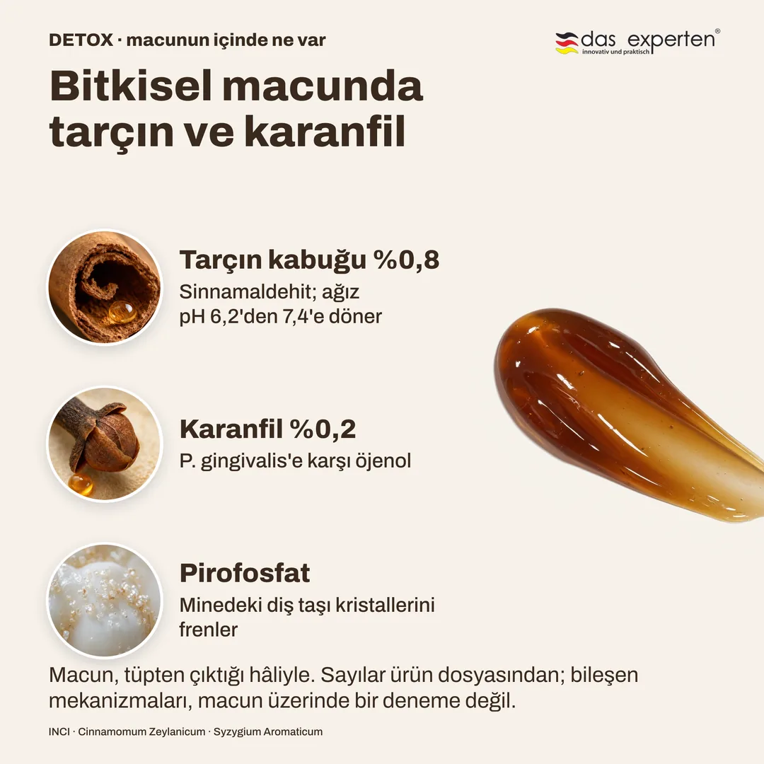 Bitkisel macunda tarçın ve karanfil — Tarçın kabuğu %0,8; Karanfil %0,2; Pirofosfat