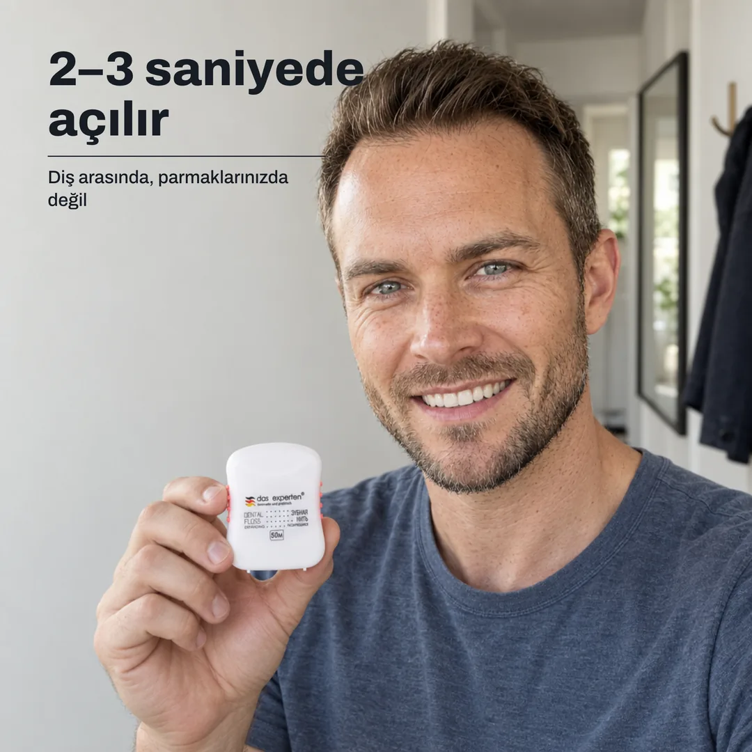 2–3 saniyede açılır — Diş arasında, parmaklarınızda değil