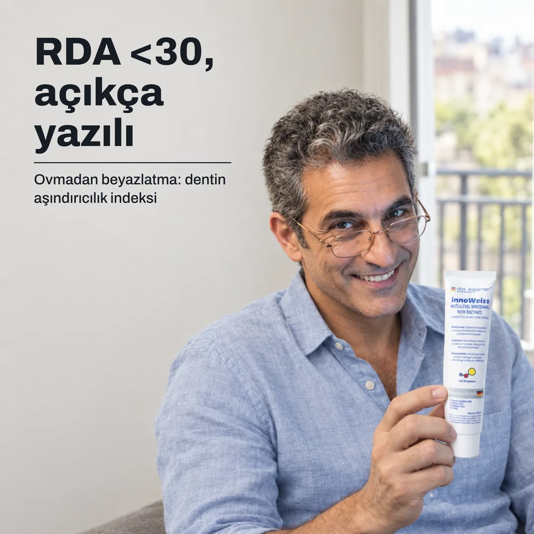 RDA <30, açıkça yazılı — Ovmadan beyazlatma: dentin aşındırıcılık indeksi