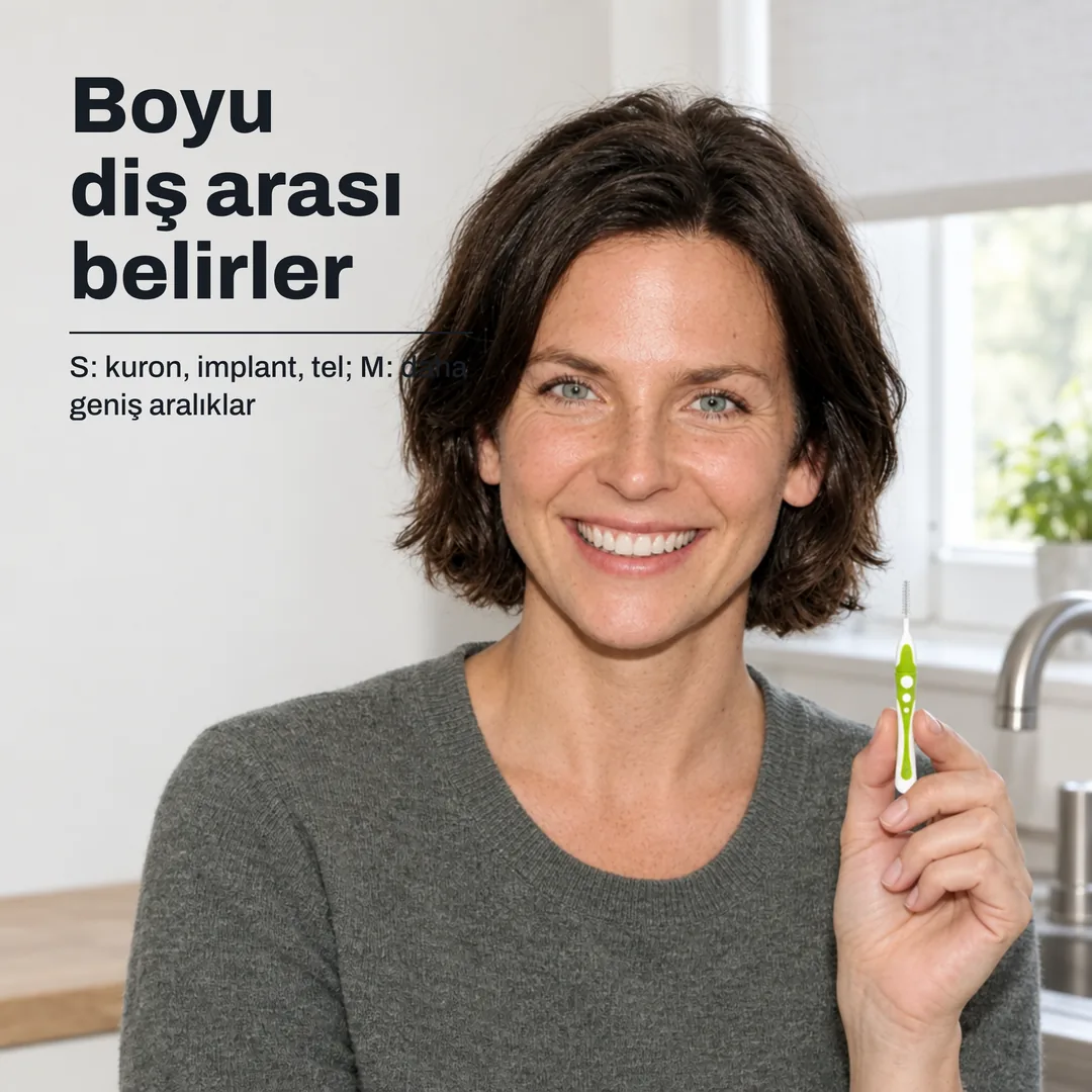 Boyu diş arası belirler — S: kuron, implant, tel; M: daha geniş aralıklar