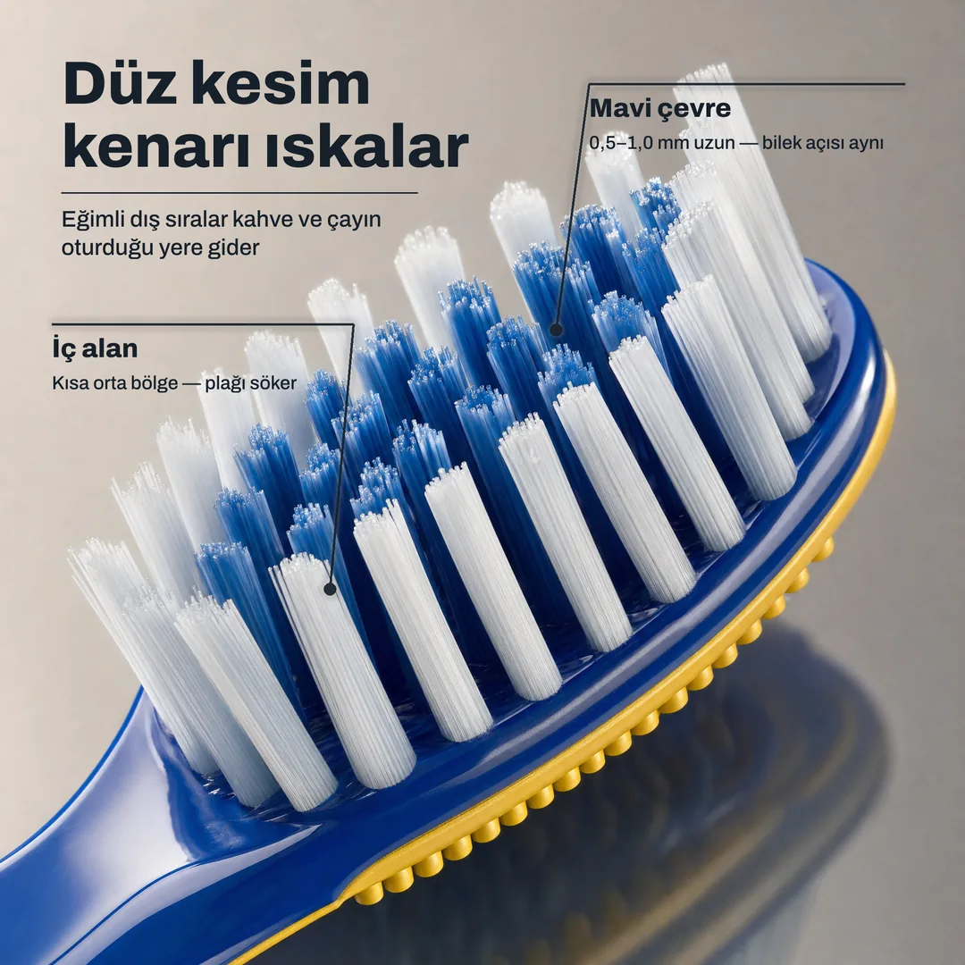 Düz kesim kenarı ıskalar — Eğimli dış sıralar kahve ve çayın oturduğu yere gider · Mavi çevre: 0,5–1,0 mm uzun — bilek açısı aynı · İç alan: Kısa orta bölge — plağı söker