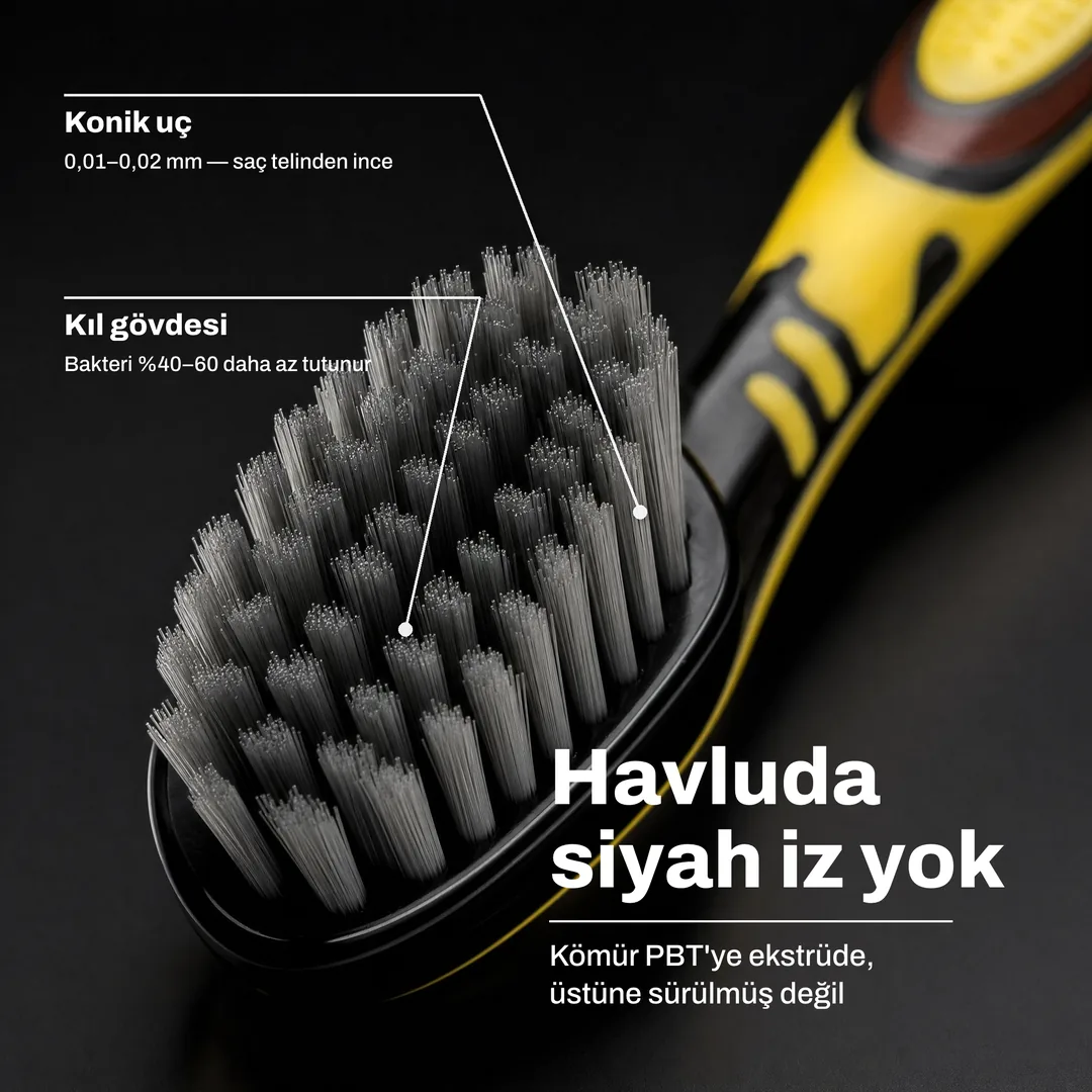 Havluda siyah iz yok — Kömür PBT'ye ekstrüde, üstüne sürülmüş değil · Kıl gövdesi: Bakteri %40–60 daha az tutunur · Konik uç: 0,01–0,02 mm — saç telinden ince