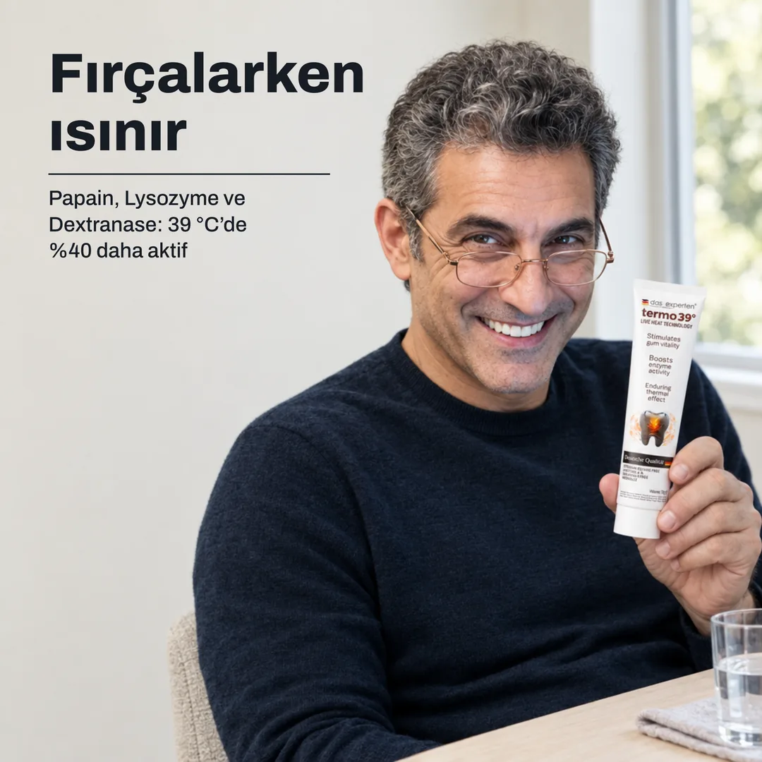 Fırçalarken ısınır — Papain, Lysozyme ve Dextranase: 39 °C’de %40 daha aktif