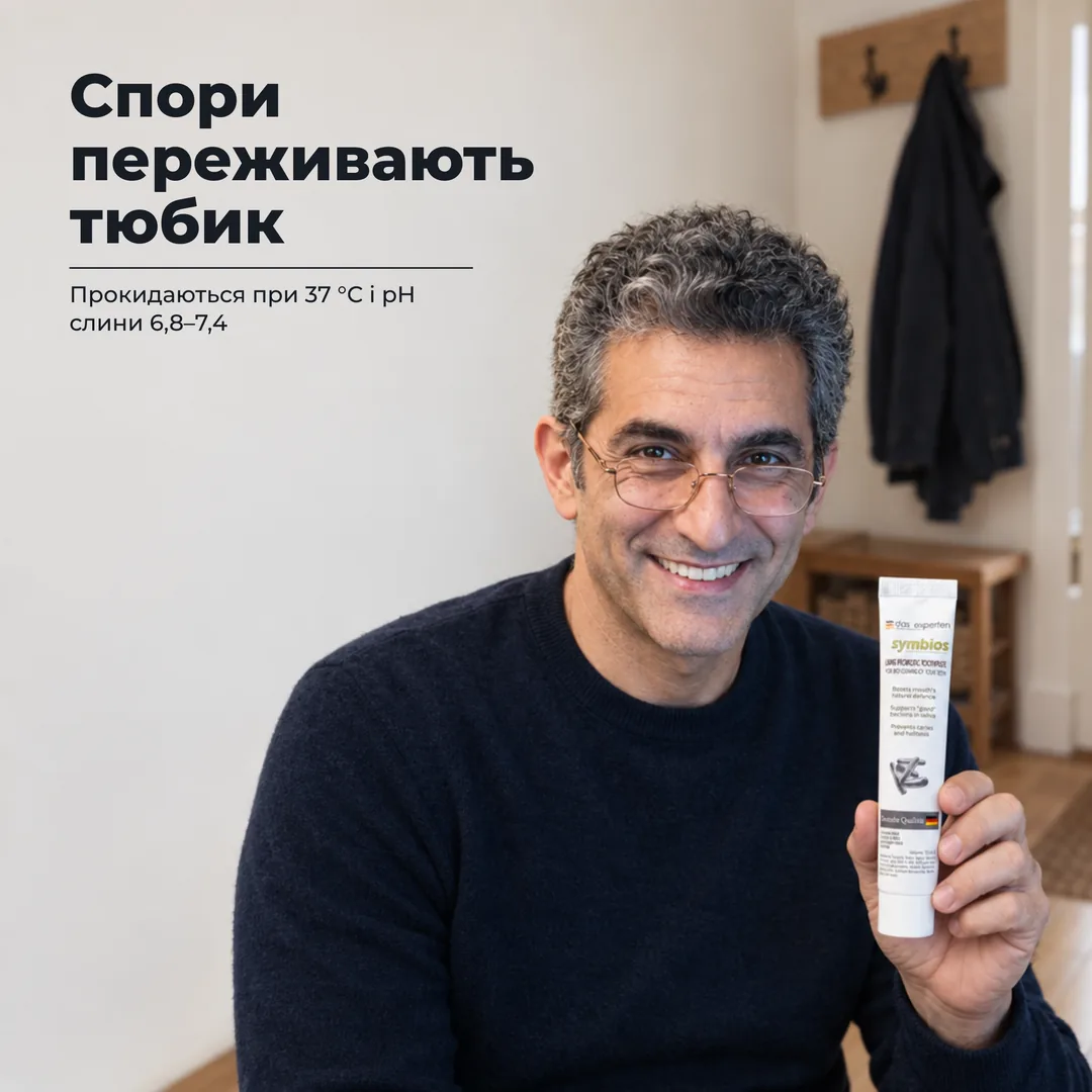 Спори переживають тюбик — Прокидаються при 37 °C і pH слини 6,8–7,4