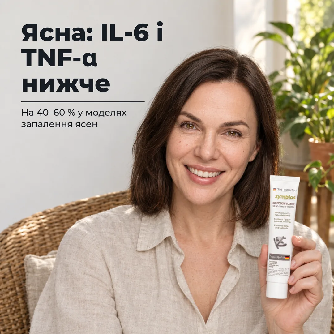 Ясна: IL-6 і TNF-α нижче — На 40–60 % у моделях запалення ясен