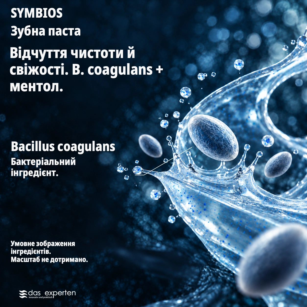 SYMBIOS · Відчуття чистоти й свіжості. · B. coagulans + ментол. · Умовне зображення інгредієнтів. · Масштаб не дотримано.