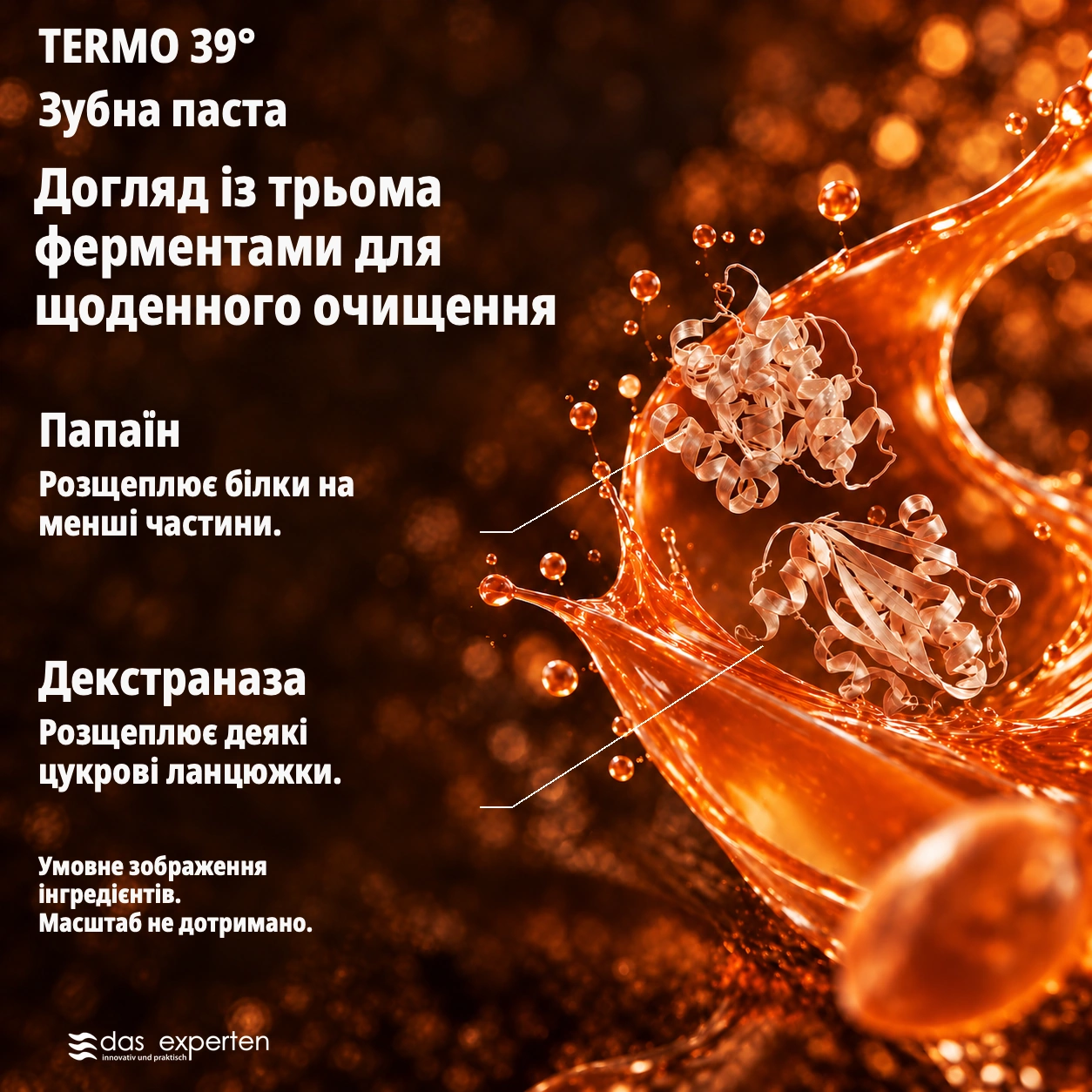 TERMO 39° · Догляд із трьома ферментами · для щоденного очищення · Умовне зображення інгредієнтів. · Масштаб не дотримано.