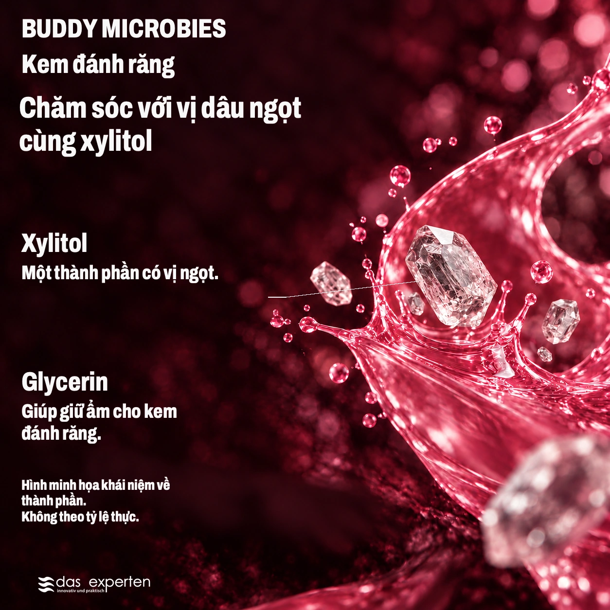 BUDDY MICROBIES · Chăm sóc với vị dâu ngọt · cùng xylitol · Hình minh họa khái niệm về thành phần. · Không theo tỷ lệ thực.