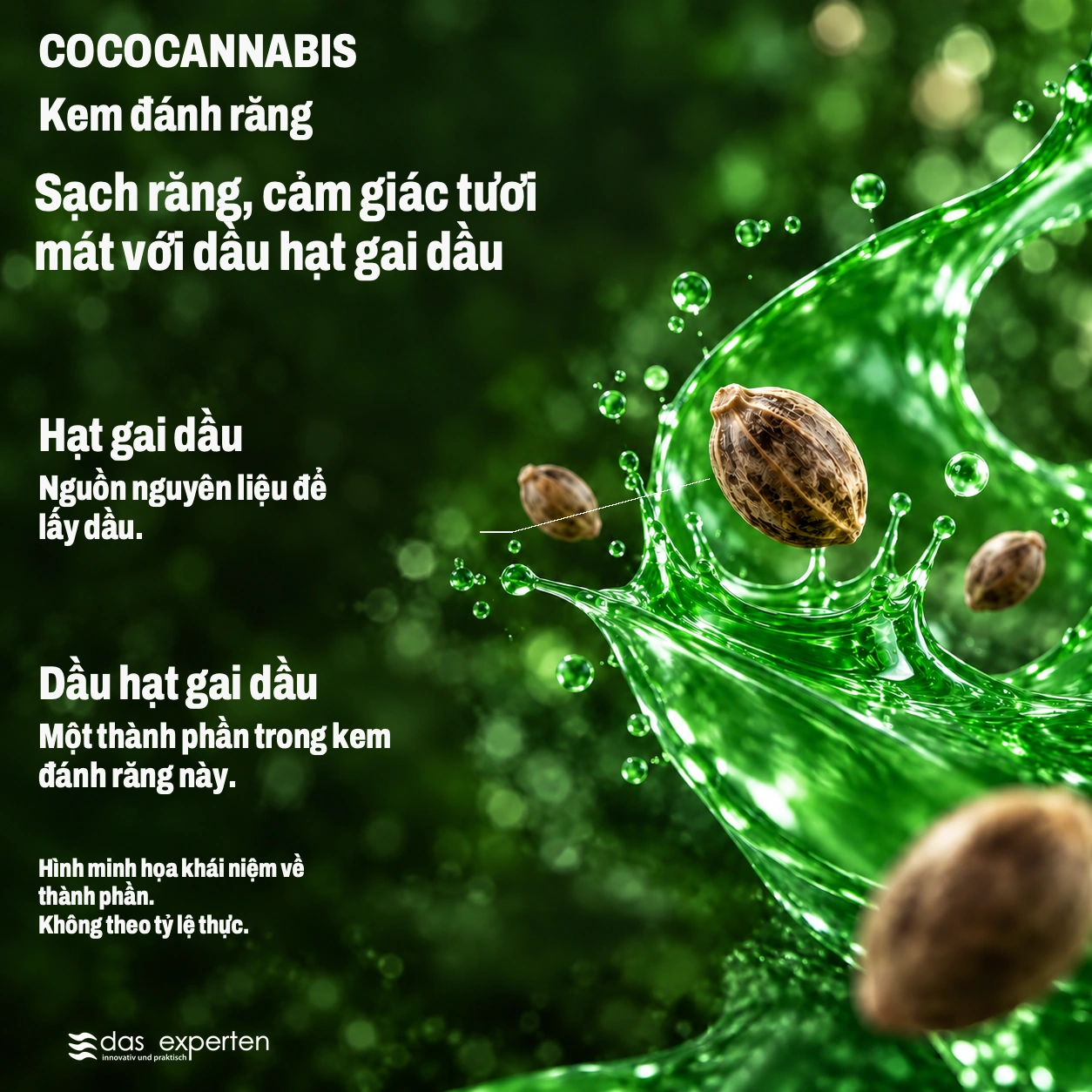 COCOCANNABIS · Sạch răng, cảm giác tươi mát · với dầu hạt gai dầu · Hình minh họa khái niệm về thành phần. · Không theo tỷ lệ thực.