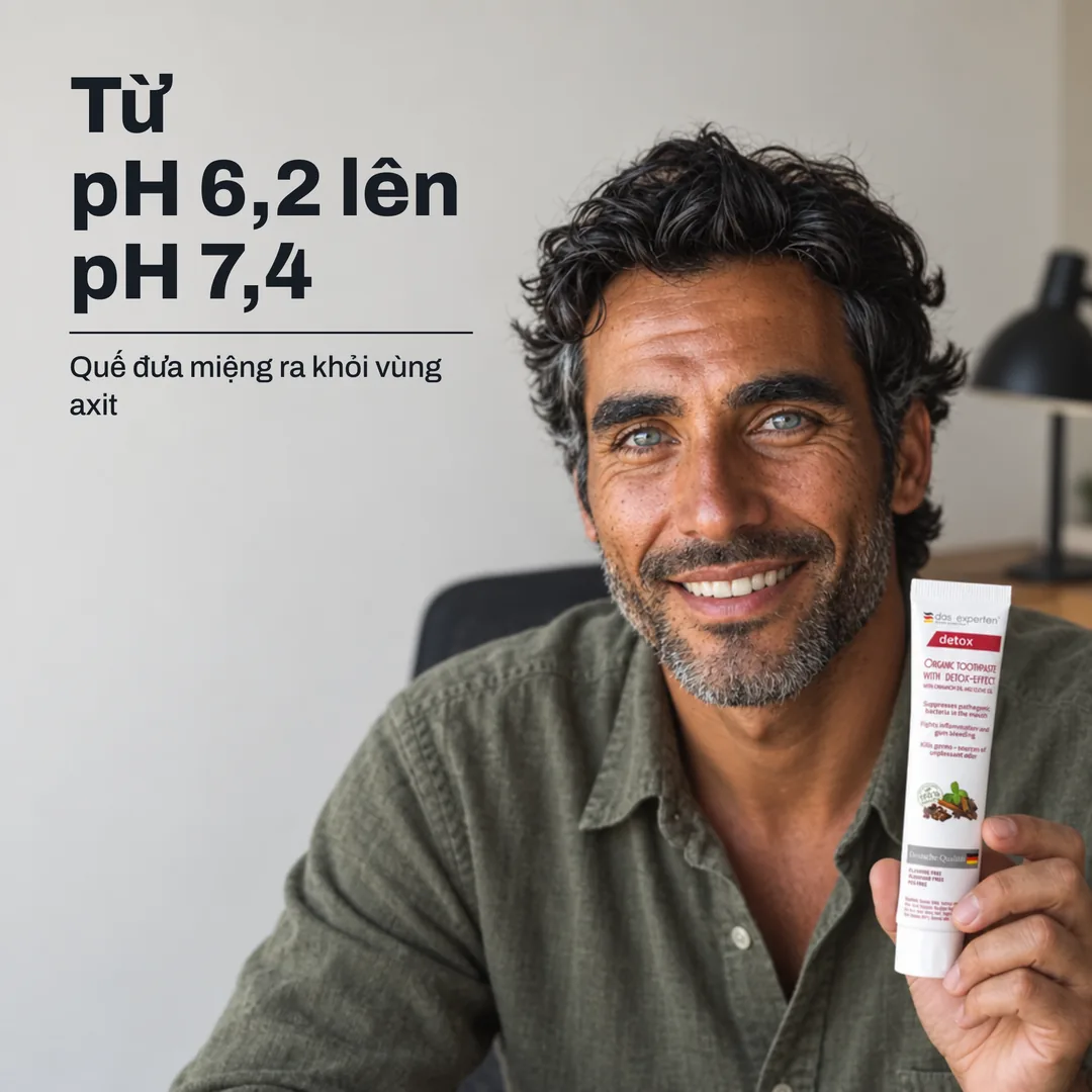 Từ pH 6,2 lên pH 7,4 — Quế đưa miệng ra khỏi vùng axit