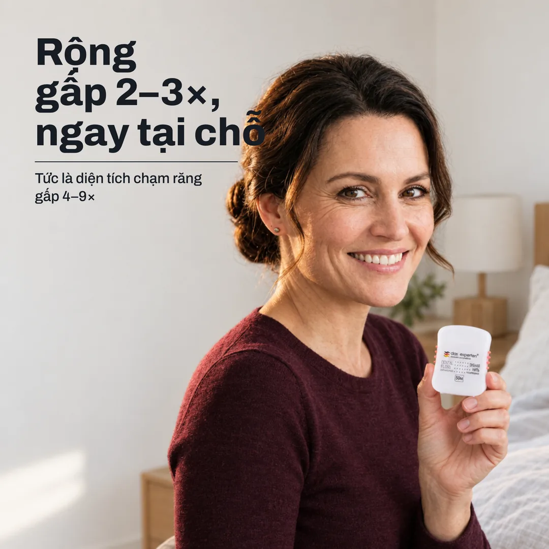 Rộng gấp 2–3×, ngay tại chỗ — Tức là diện tích chạm răng gấp 4–9×