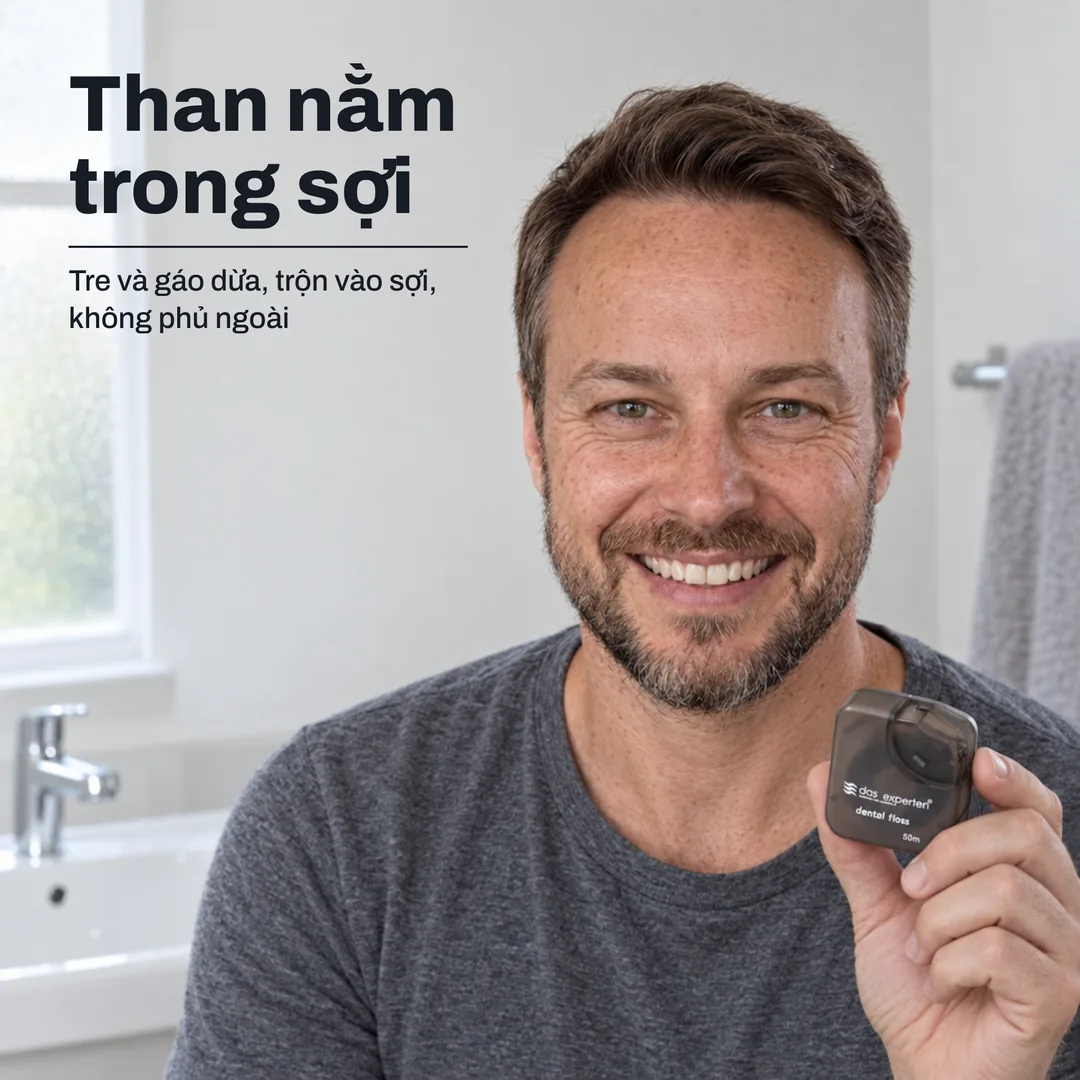 Than nằm trong sợi — Tre và gáo dừa, trộn vào sợi, không phủ ngoài