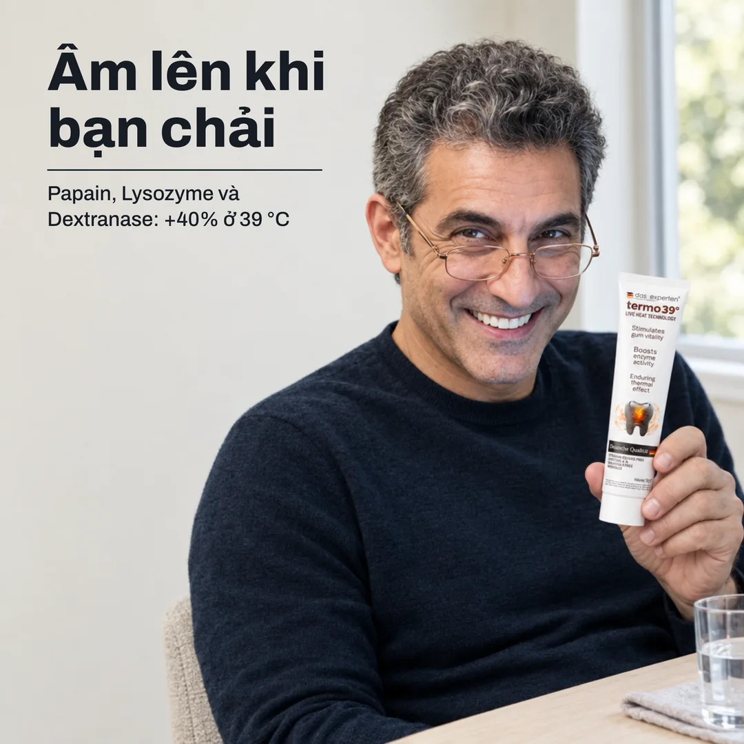 Ấm lên khi bạn chải — Papain, Lysozyme và Dextranase: +40% ở 39 °C