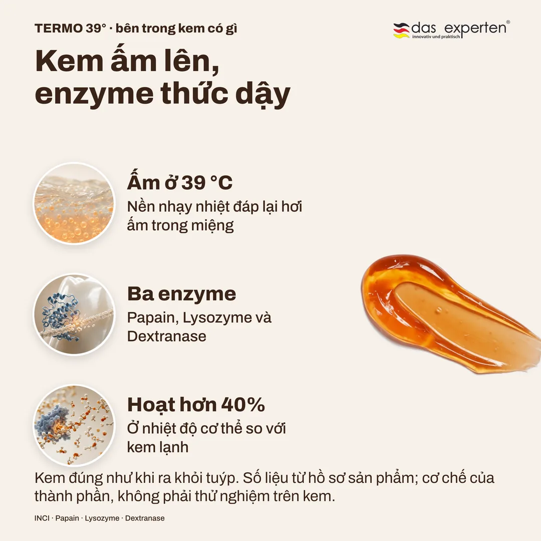 Kem ấm lên, enzyme thức dậy — Ấm ở 39 °C; Ba enzyme; Hoạt hơn 40%