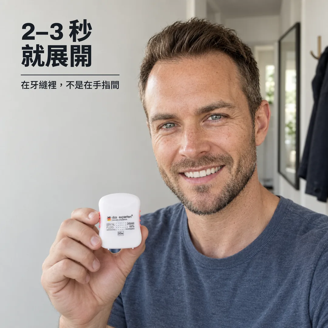 2–3 秒就展開 — 在牙縫裡，不是在手指間
